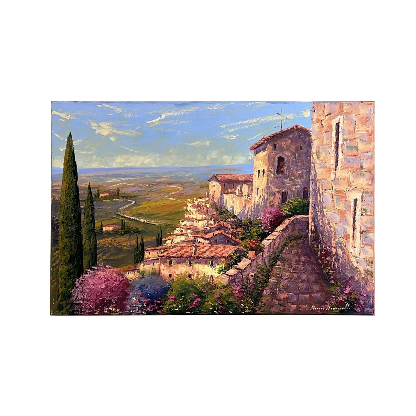 Hand-painted on canvas depicting a Tuscan landscape with Montepulciano.