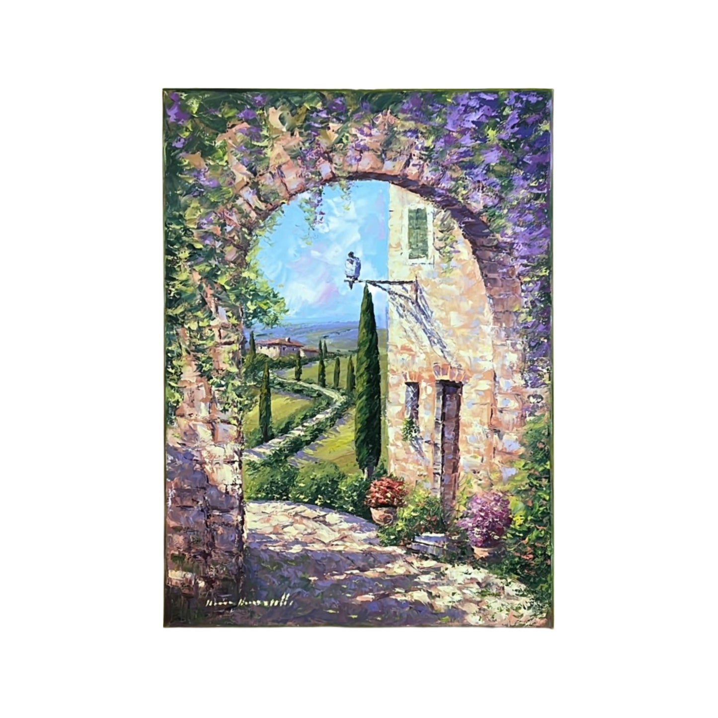 Hand-painted on canvas depicting a Tuscan landscape with country house
