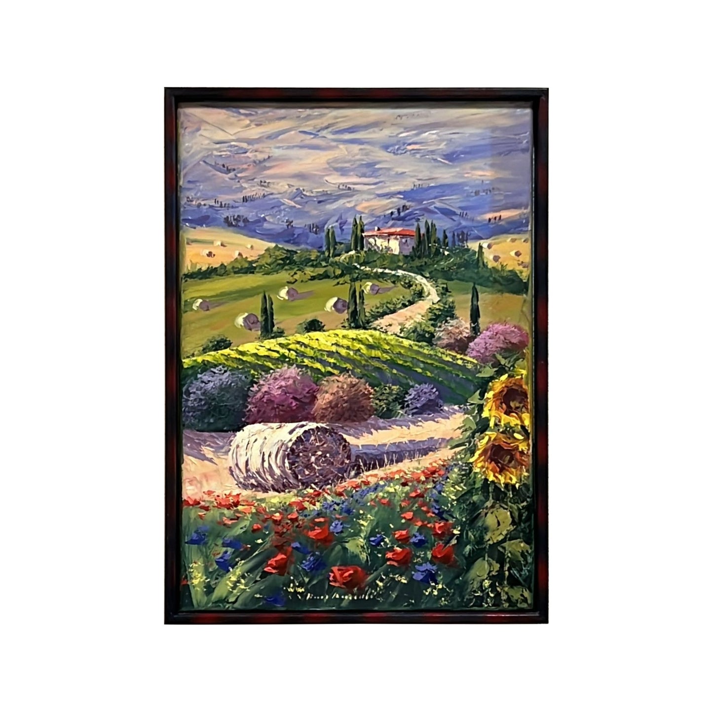 Hand-painted on canvas depicting a Tuscan landscape with flowers