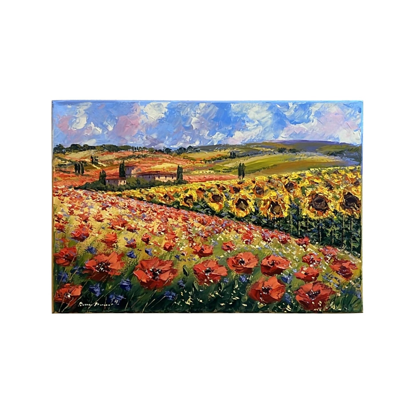 Hand-painted Tuscan Landscape on Canvas - Flowers - 60x50cm