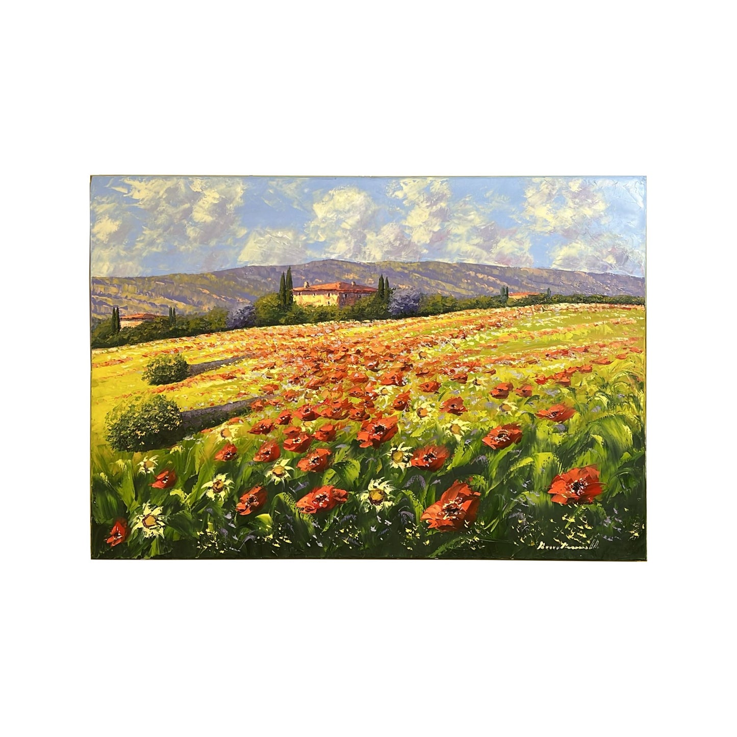 Hand-painted Tuscan Landscape on Canvas - Poppies - 100x70cm
