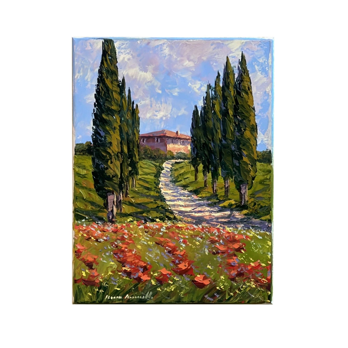 Hand-painted on canvas depicting a Tuscan landscape with Poppies