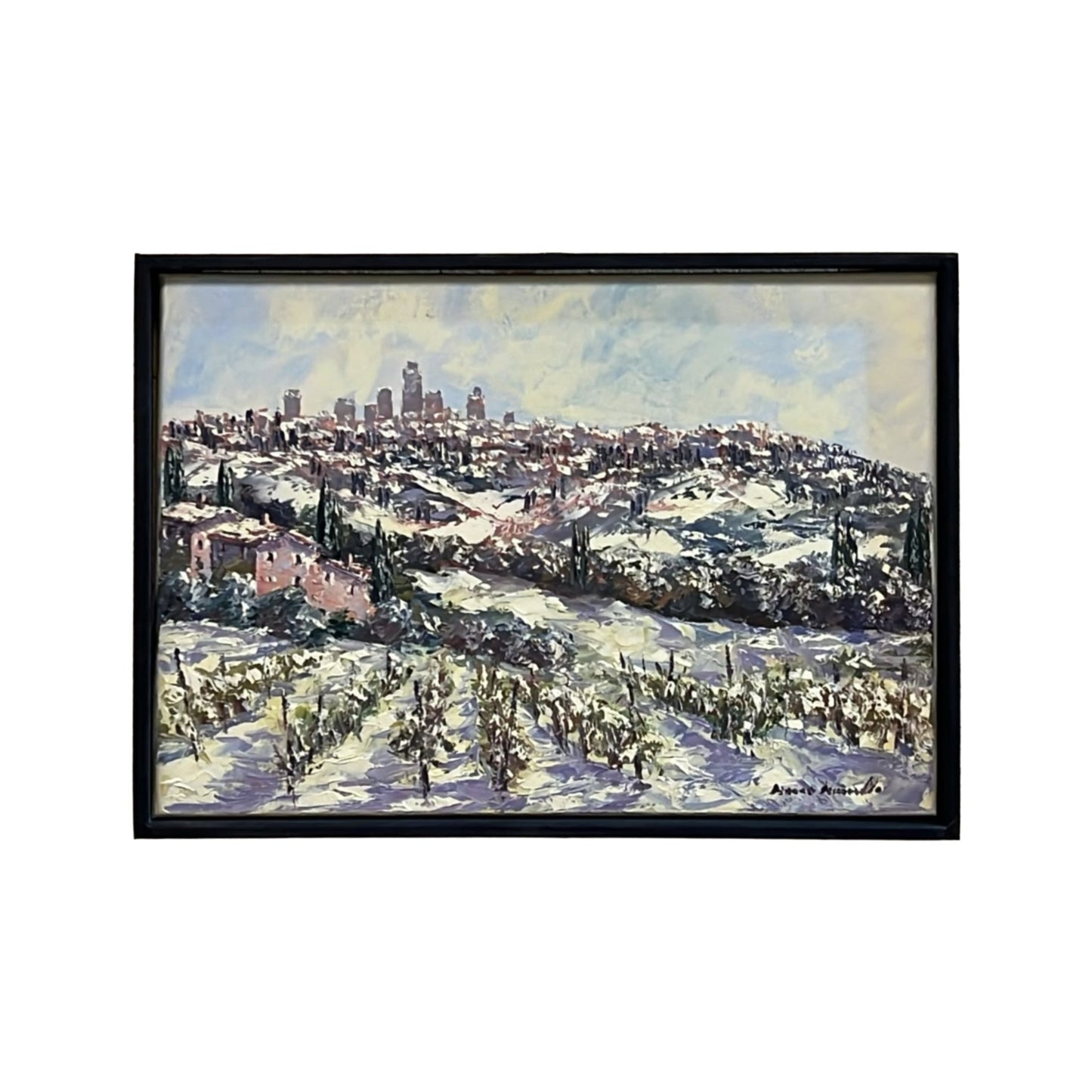 Hand-painted on canvas depicting a Tuscan landscape with winter in San Gimignano
