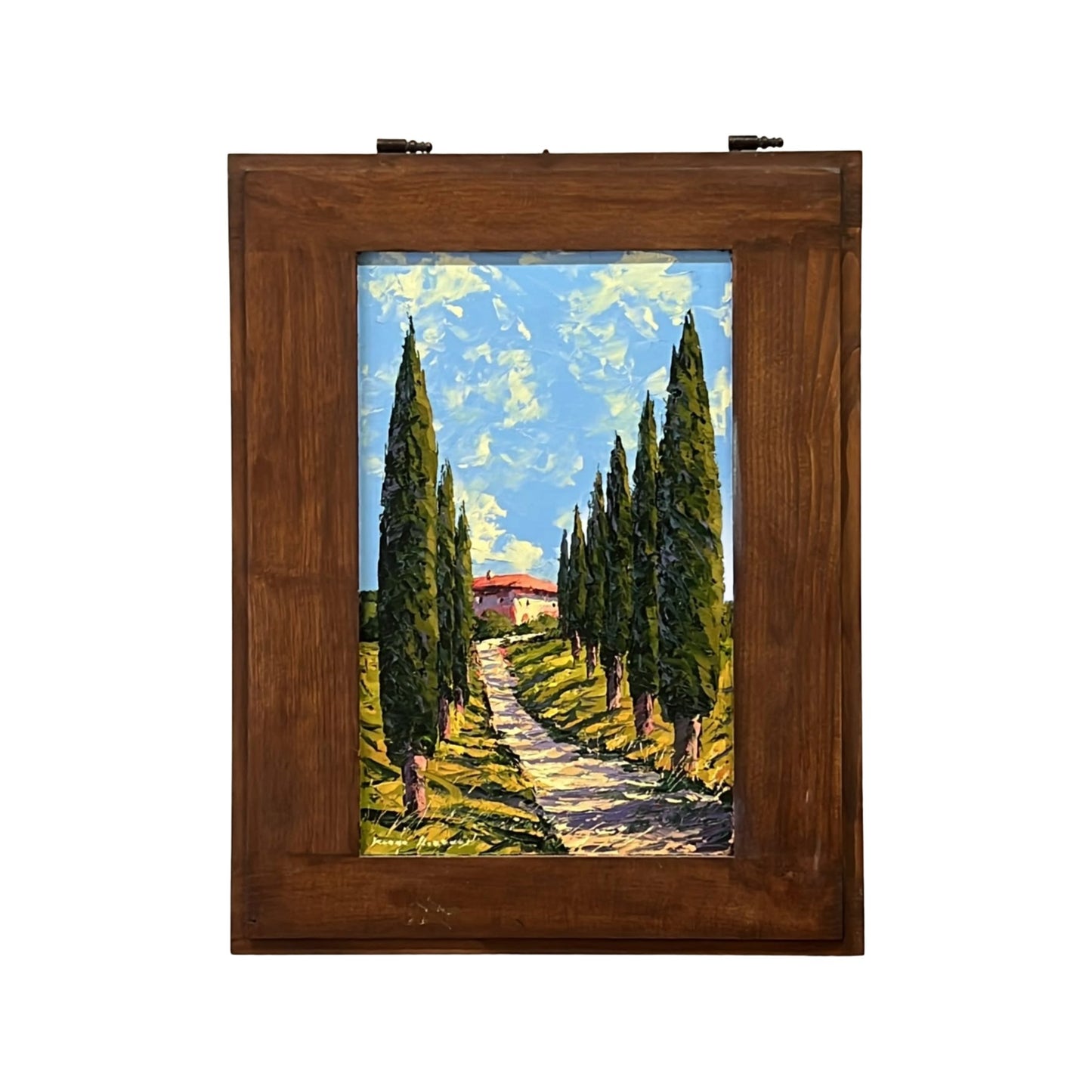 Hand-painted on wooden shutter depicting a Tuscan landscape with country road