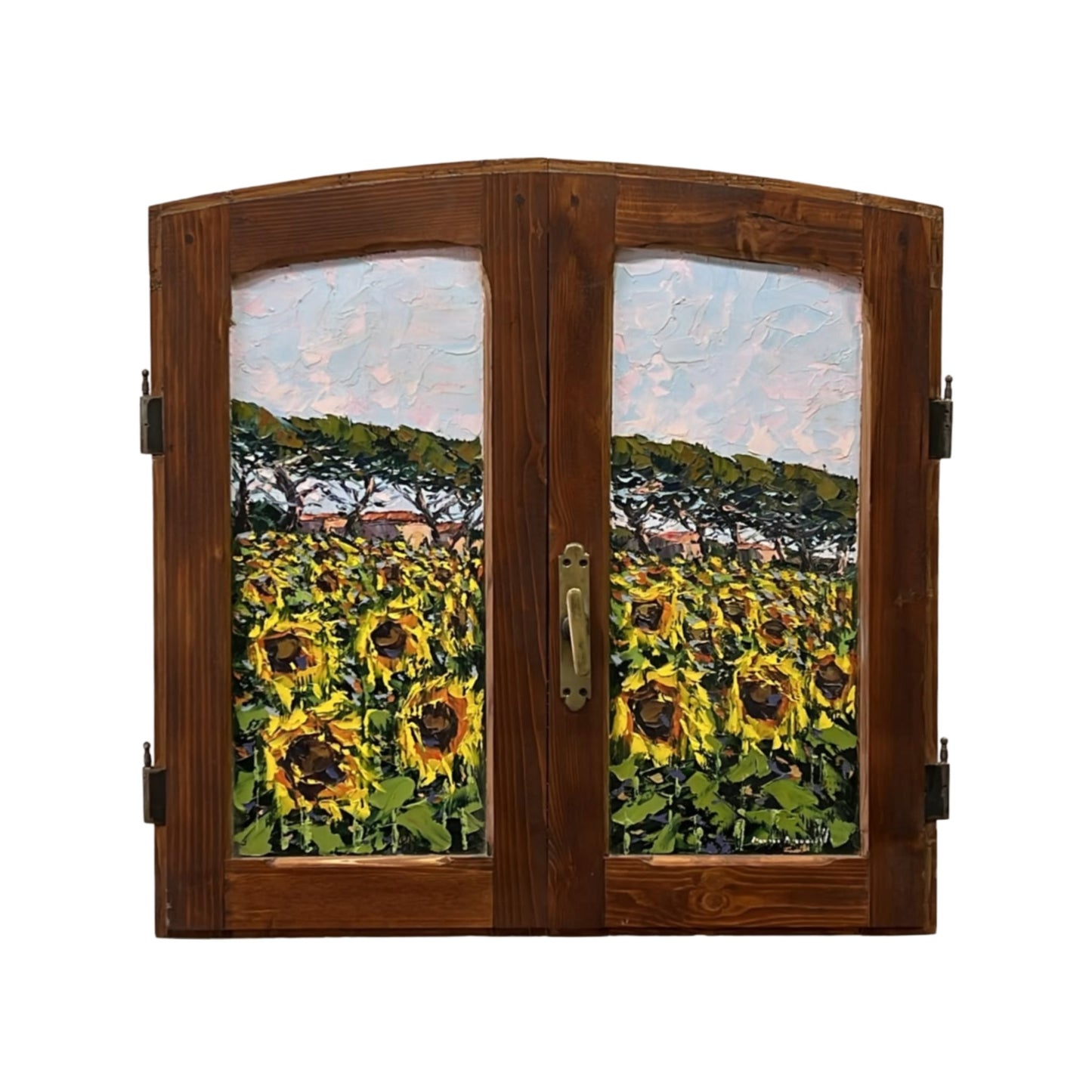 Hand-painted on authentic wooden window depicting a Tuscan landscape with Sunflowers
