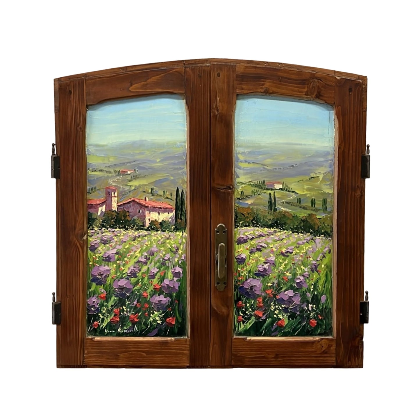 Hand-painted on authentic wooden window depicting a Tuscan landscape with Flowers