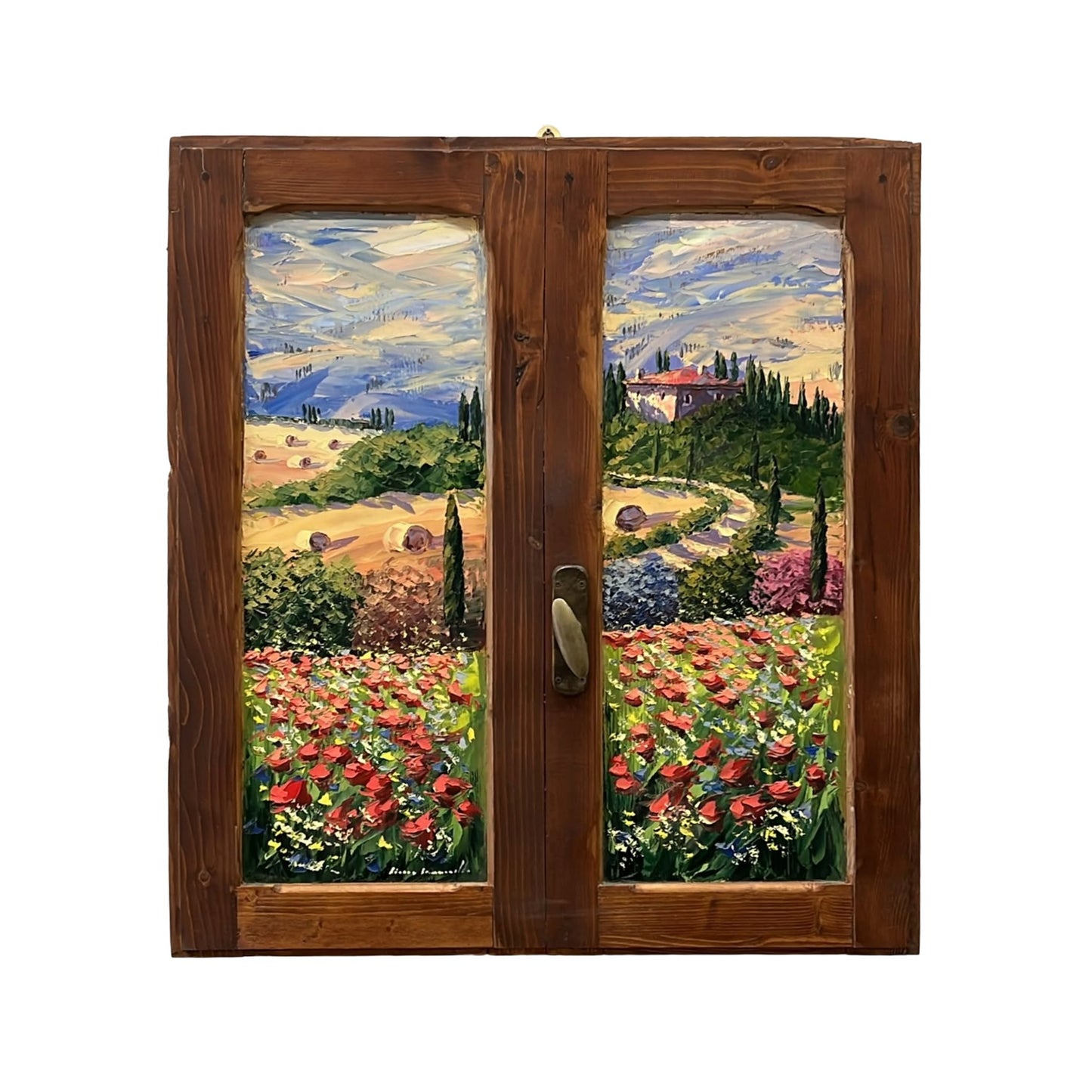 Hand-painted on authentic wooden window depicting a Tuscan landscape with Poppies
