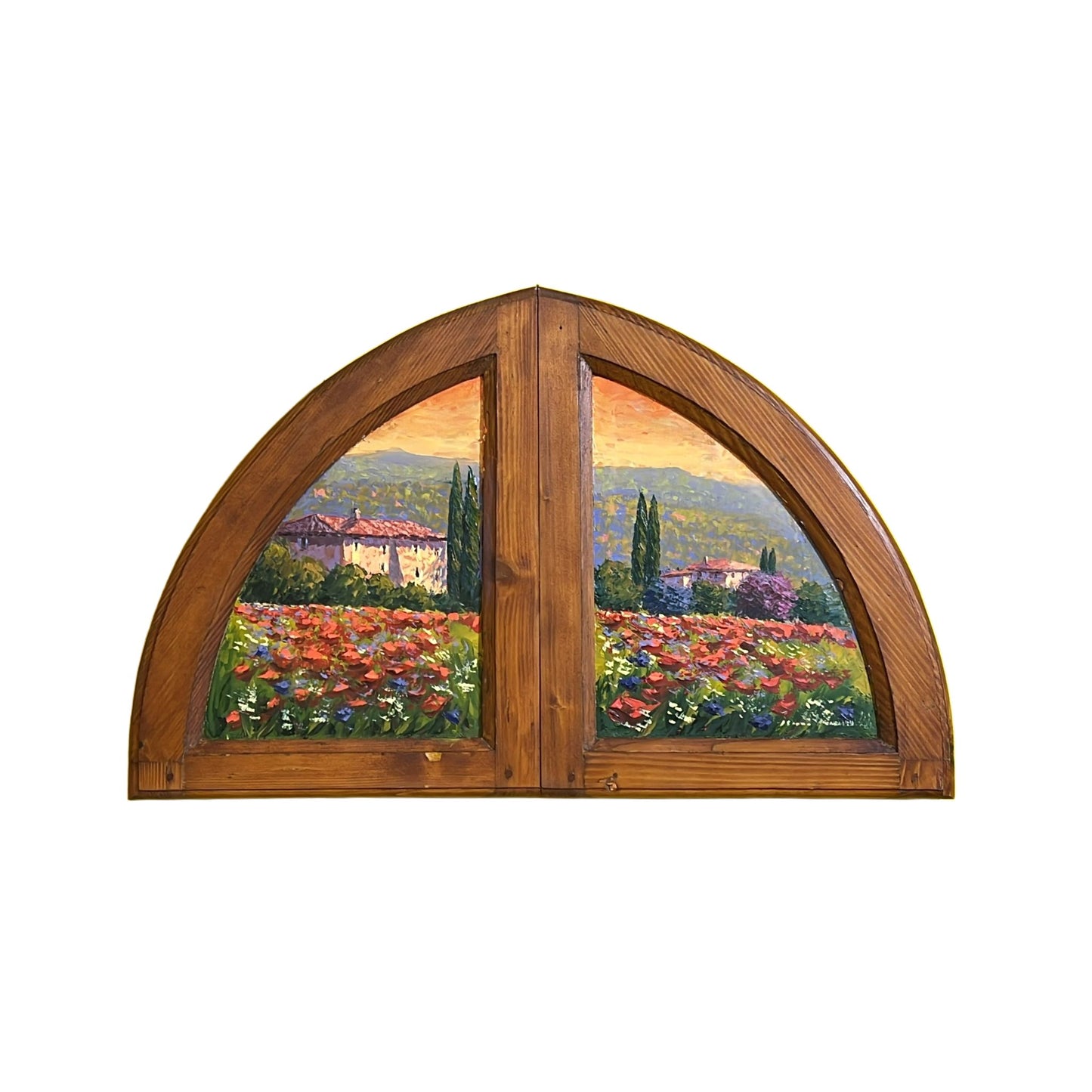 Hand-painted on authentic wooden window depicting a Tuscan landscape with poppies