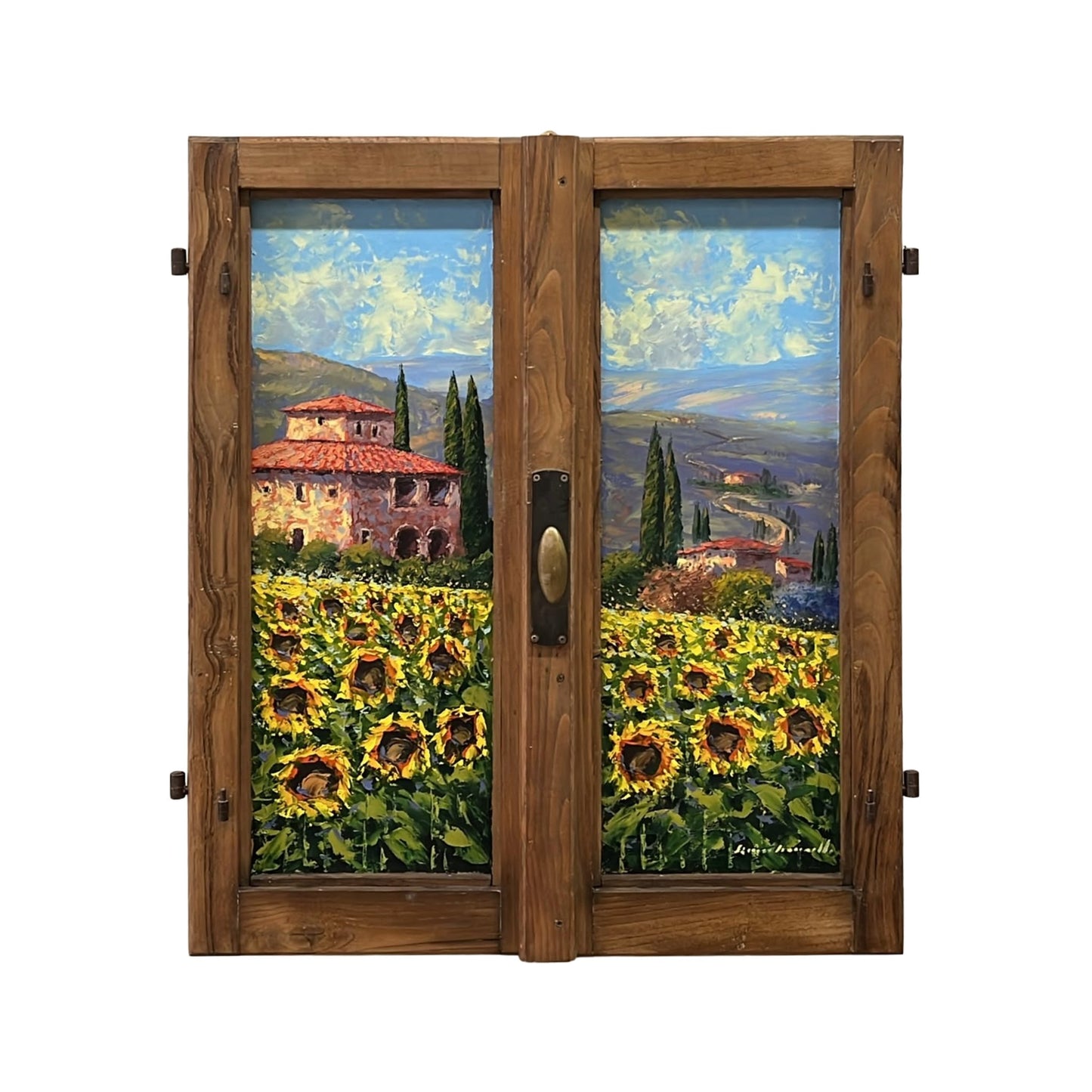 Hand-painted on authentic wooden window depicting a Tuscan landscape with Sunflowers