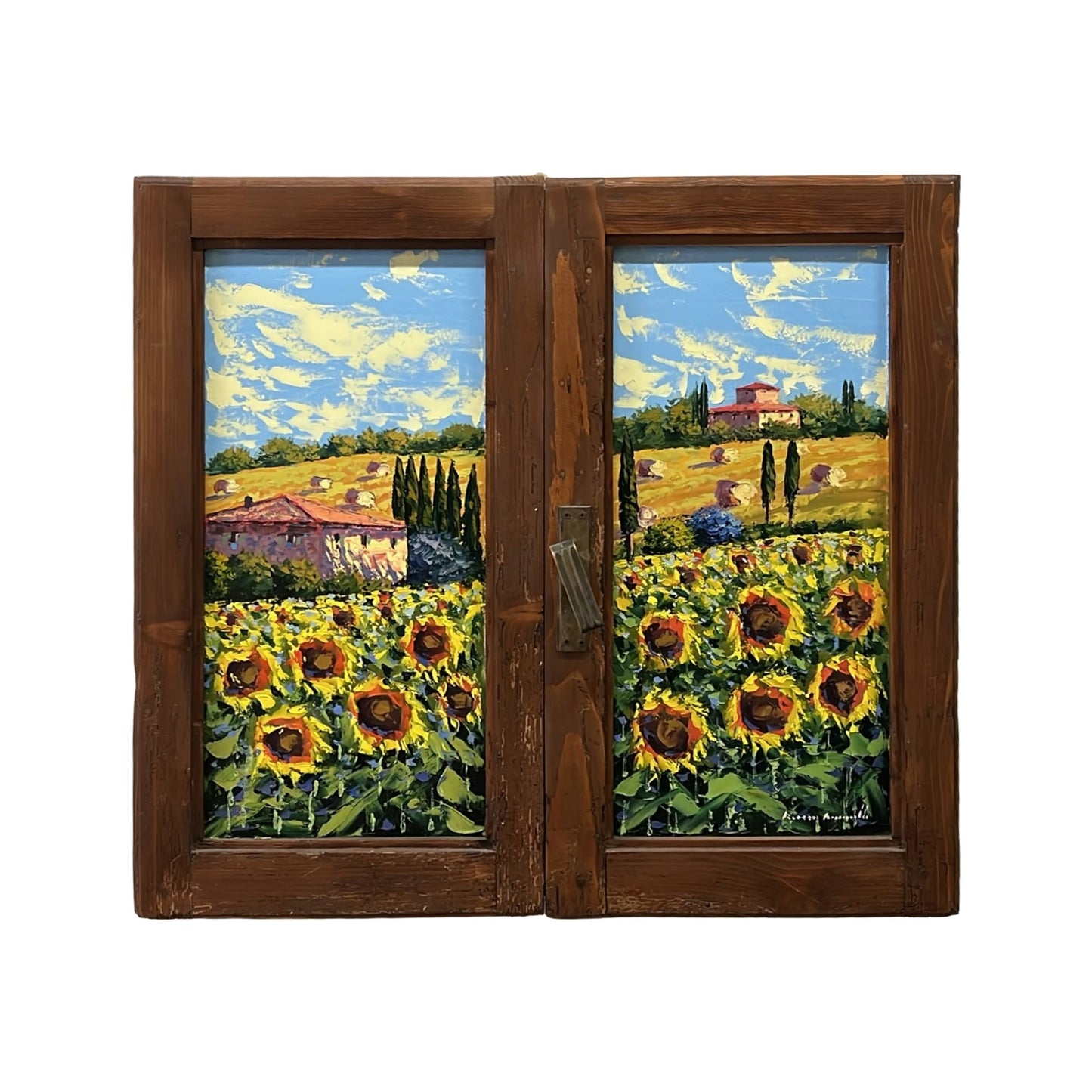 Hand-painted on authentic wooden window depicting a Tuscan landscape with Sunflowers