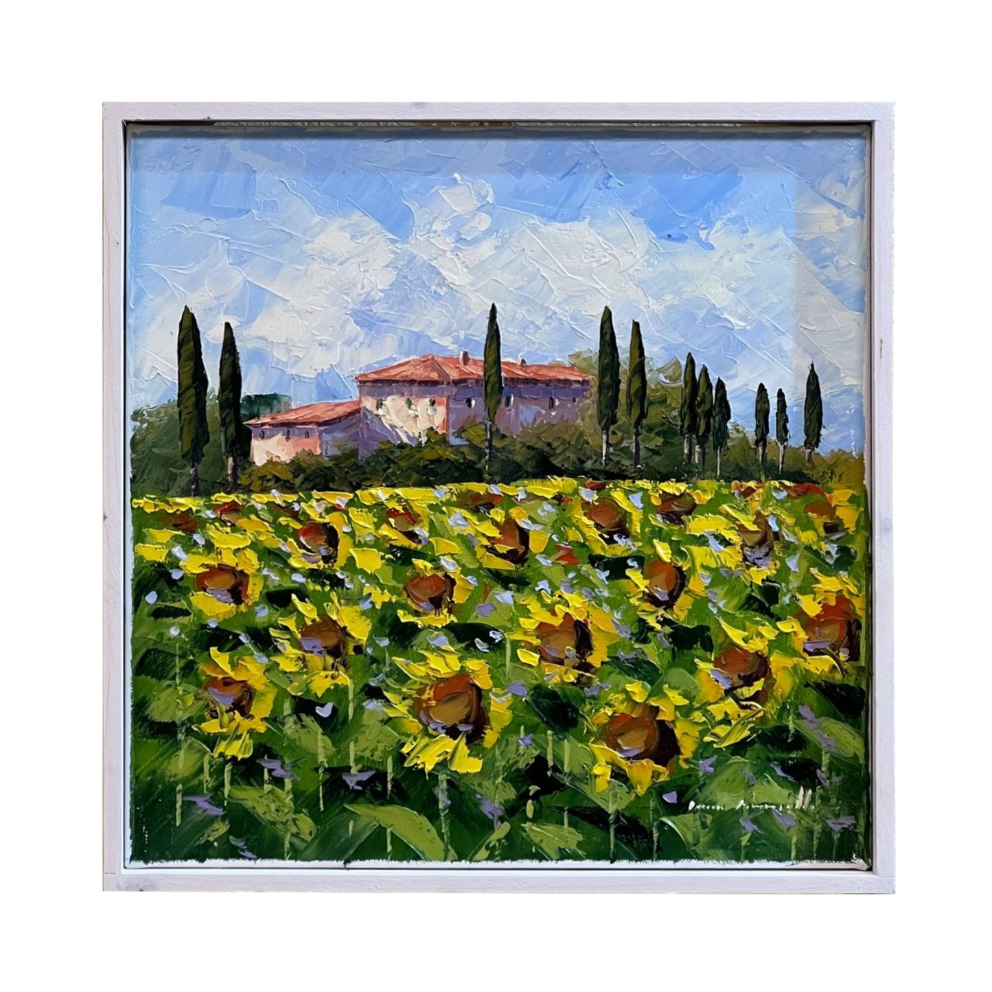 Painted on Canvas | Tuscan Landscape | Sunflowers | 41x41cm