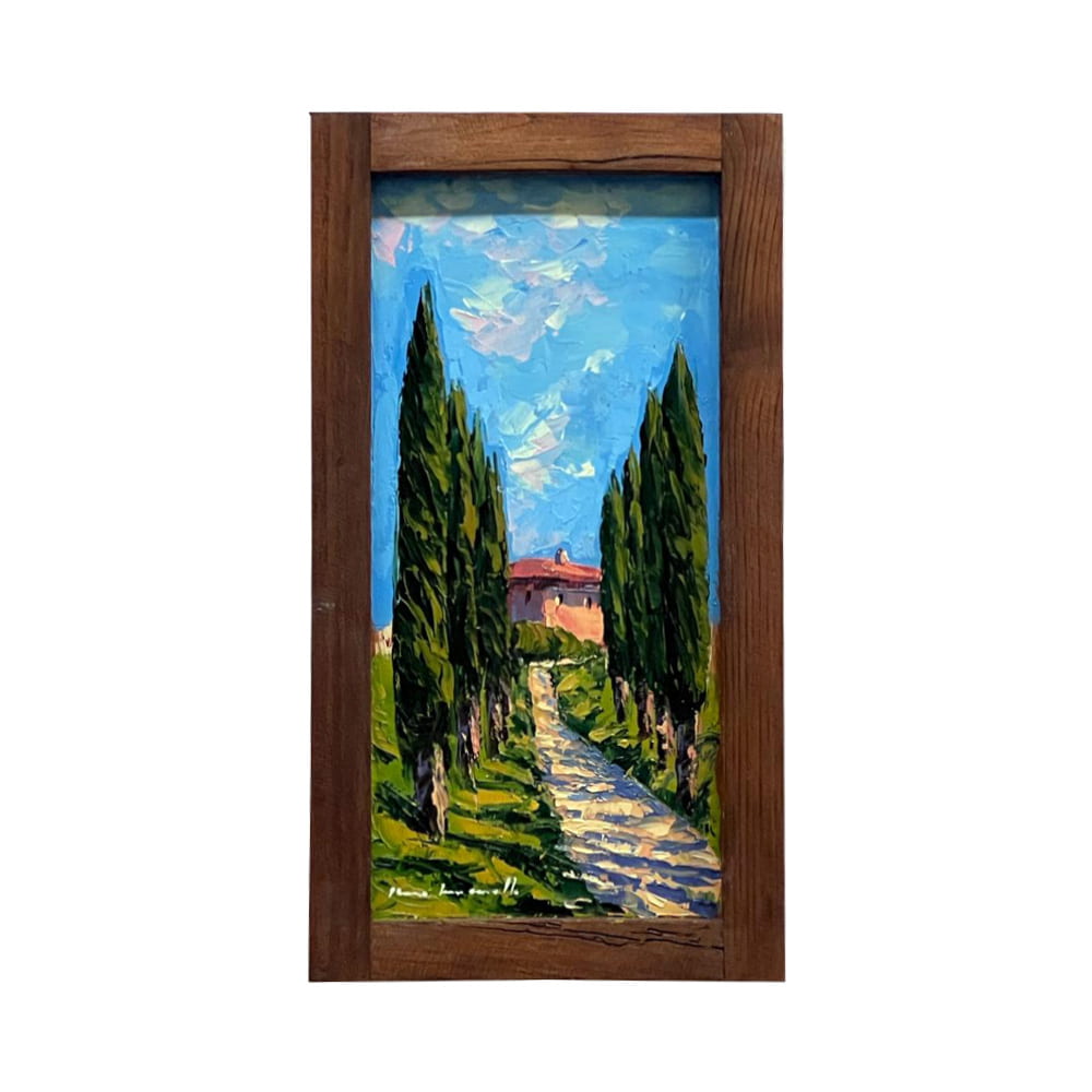 Painted on Wood | Tuscan Landscape | Country Road | 17x32cm