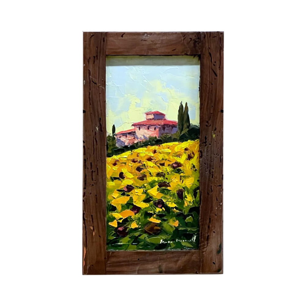 Painted on Wood | Tuscan Landscape | Sunflowers | 19x33cm