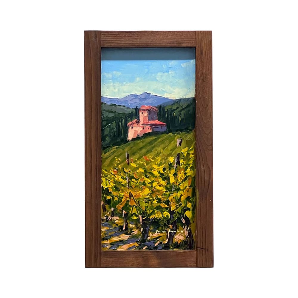 Painted on Wood | Tuscan Landscape | Vineyard | 17x32cm