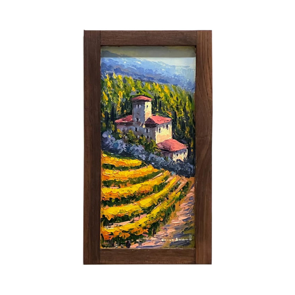 Painted on Wood | Tuscan Landscape | Vineyard | 17x33cm