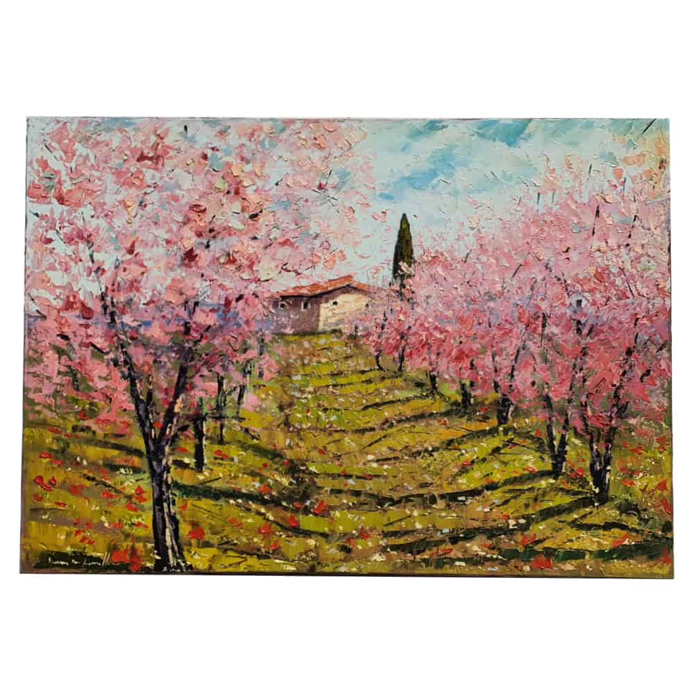 Painted on Canvas | Tuscan Landscape | Peach Trees in Bloom | 70x50cm