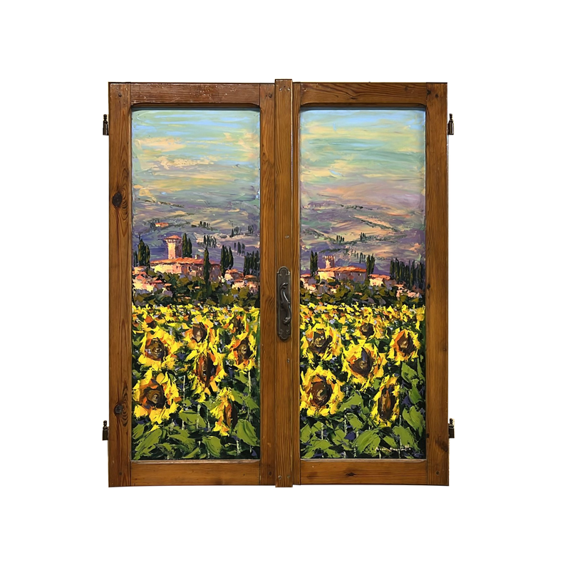 Hand-painted Tuscan window with sunflower landscape – Finestre Toscane