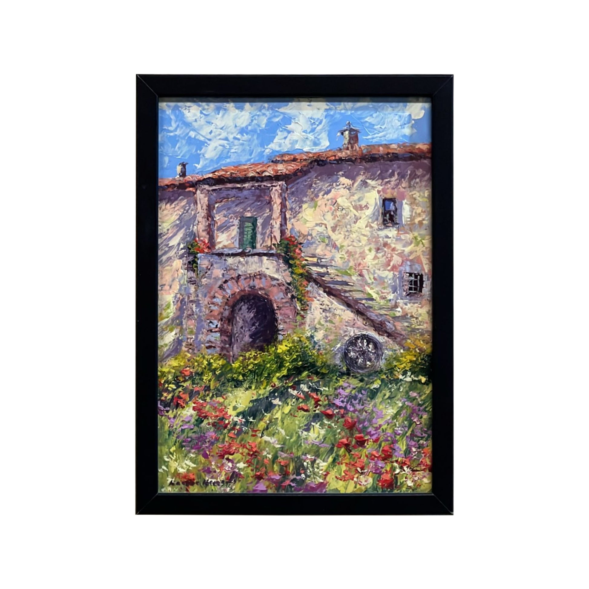 Hand-painted on canvas depicting a Tuscan landscape with country house