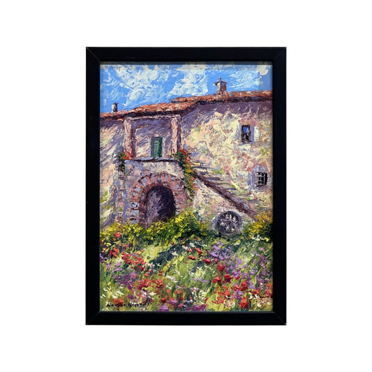 Hand-painted on canvas depicting a Tuscan landscape with country house