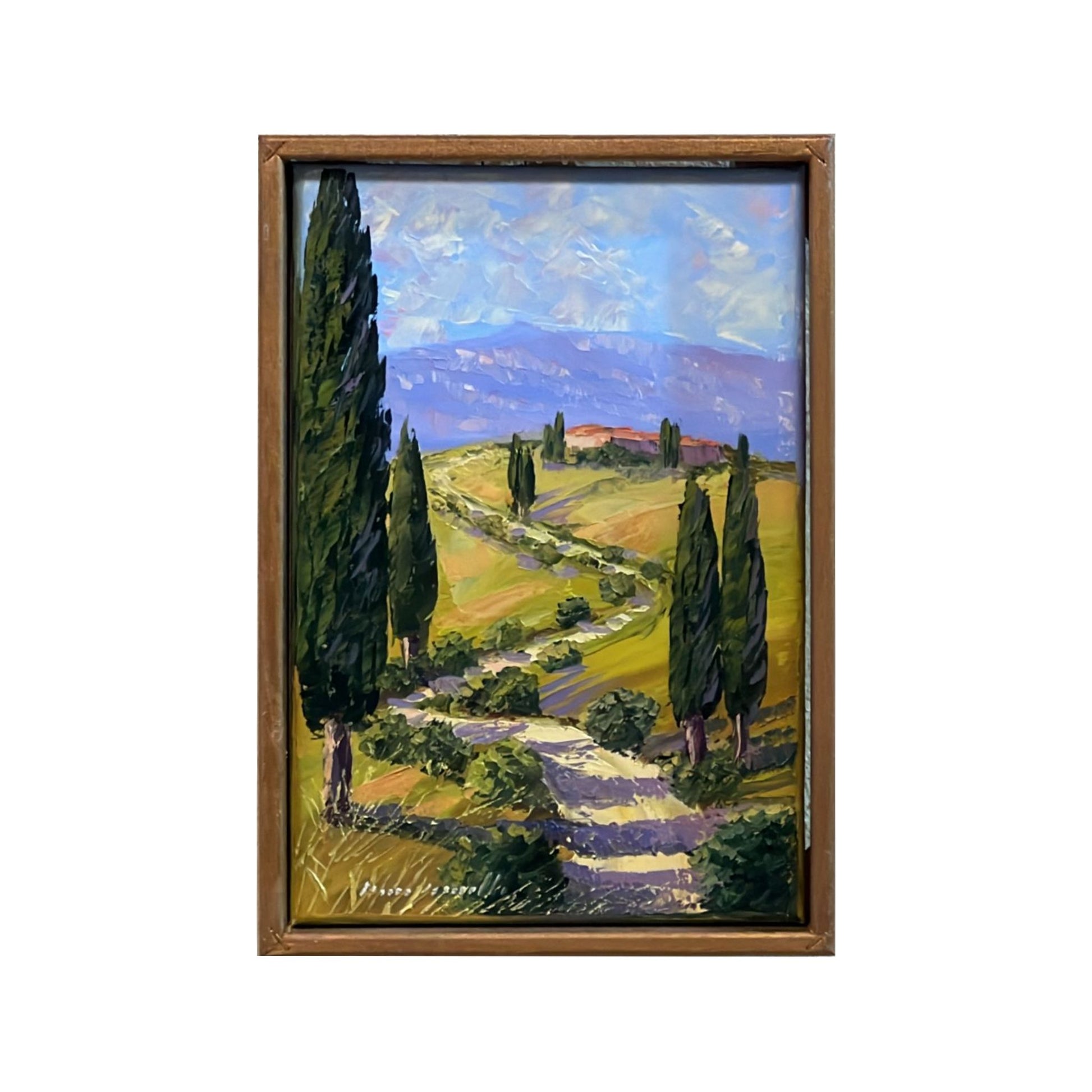 Hand-painted on canvas depicting a Tuscan landscape with country road