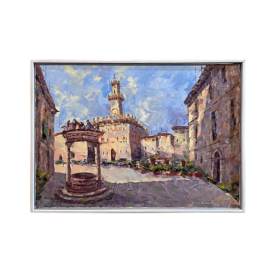 Hand-painted on canvas depicting a Tuscan landscape with Montepulciano