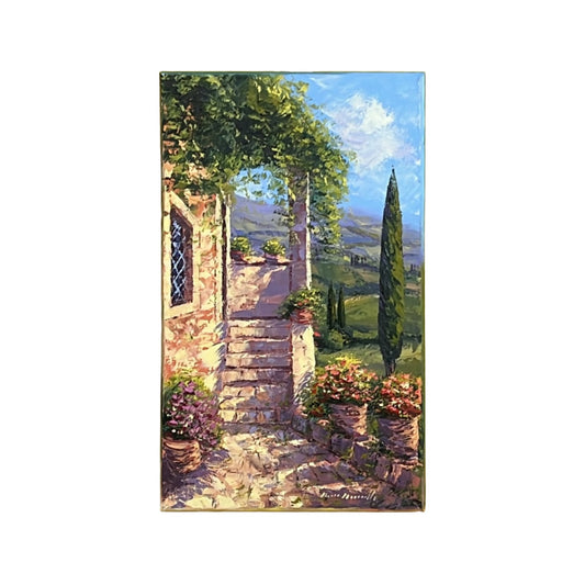 Hand-painted on canvas depicting a Tuscan landscape with country house