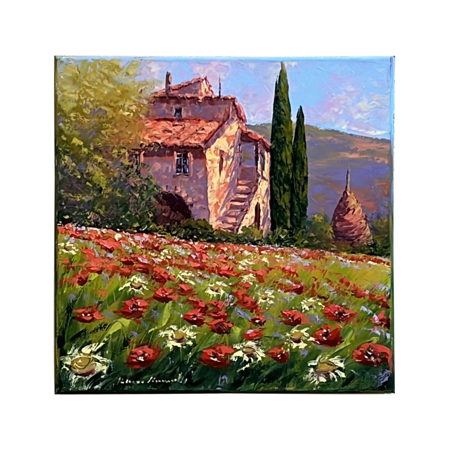 Hand-painted on canvas depicting a Tuscan landscape with country house.