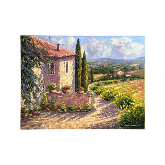 Hand-painted on canvas depicting a Tuscan landscape with country house