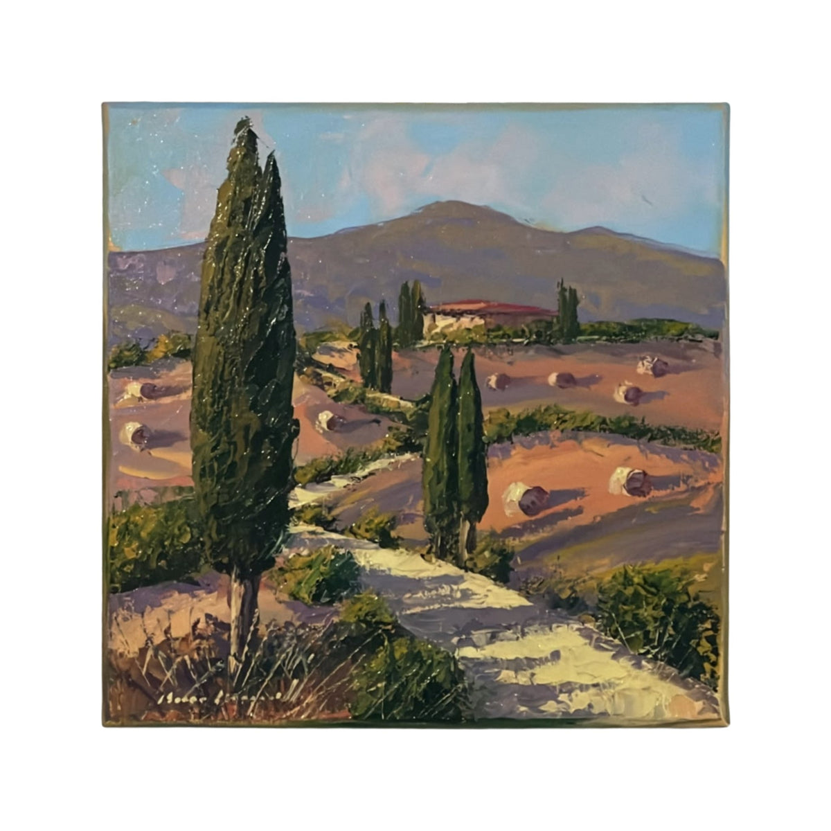 Hand-painted Tuscan Landscape on Canvas - Country Road - 30x30cm