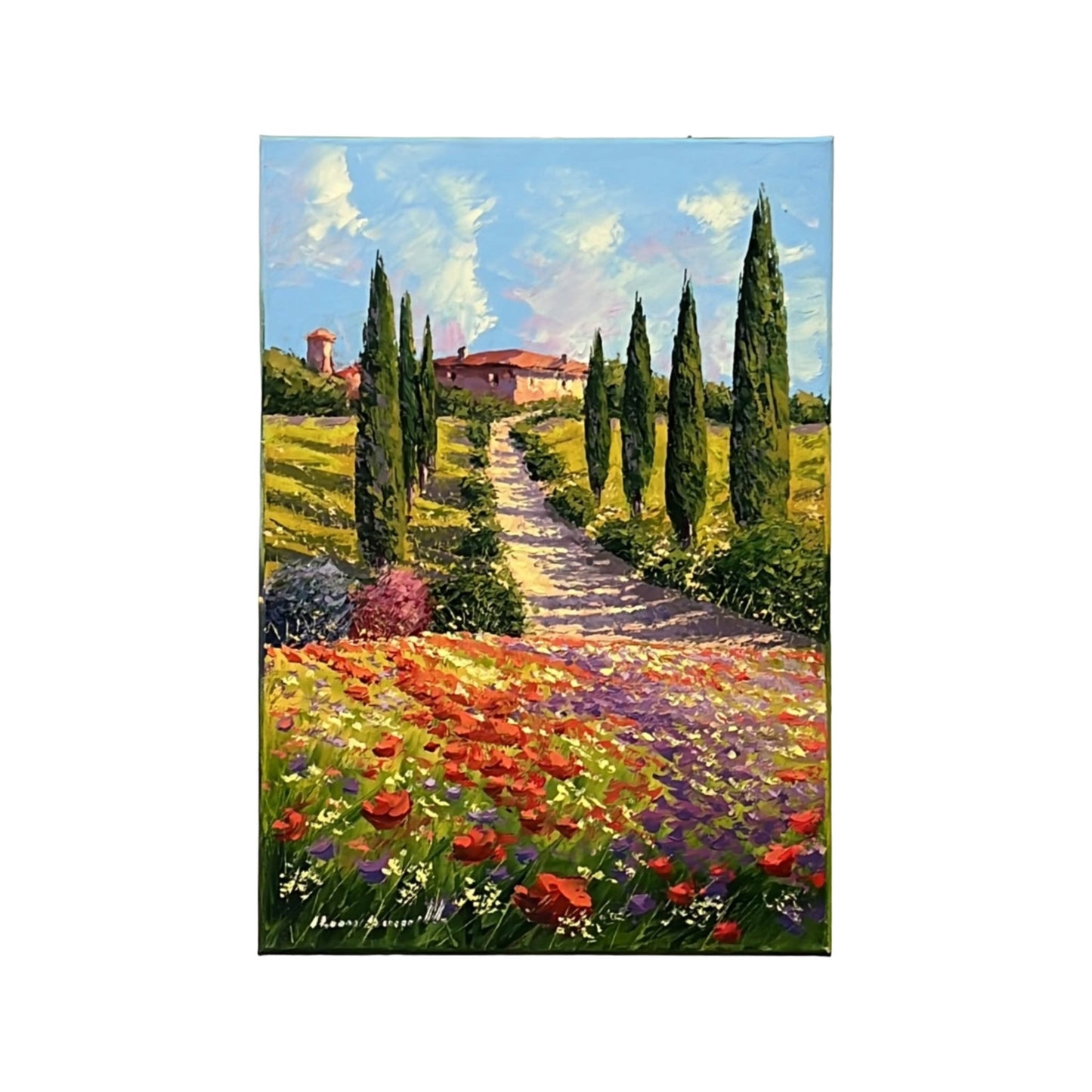 Hand-painted on canvas depicting a Tuscan landscape with country road