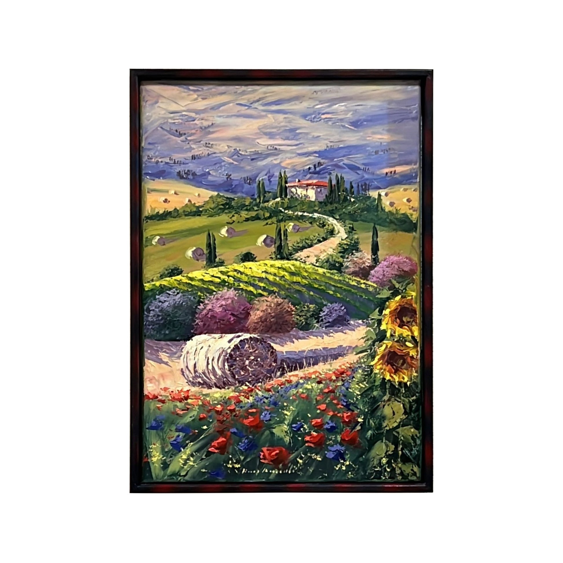 Hand-painted on canvas depicting a Tuscan landscape with flowers