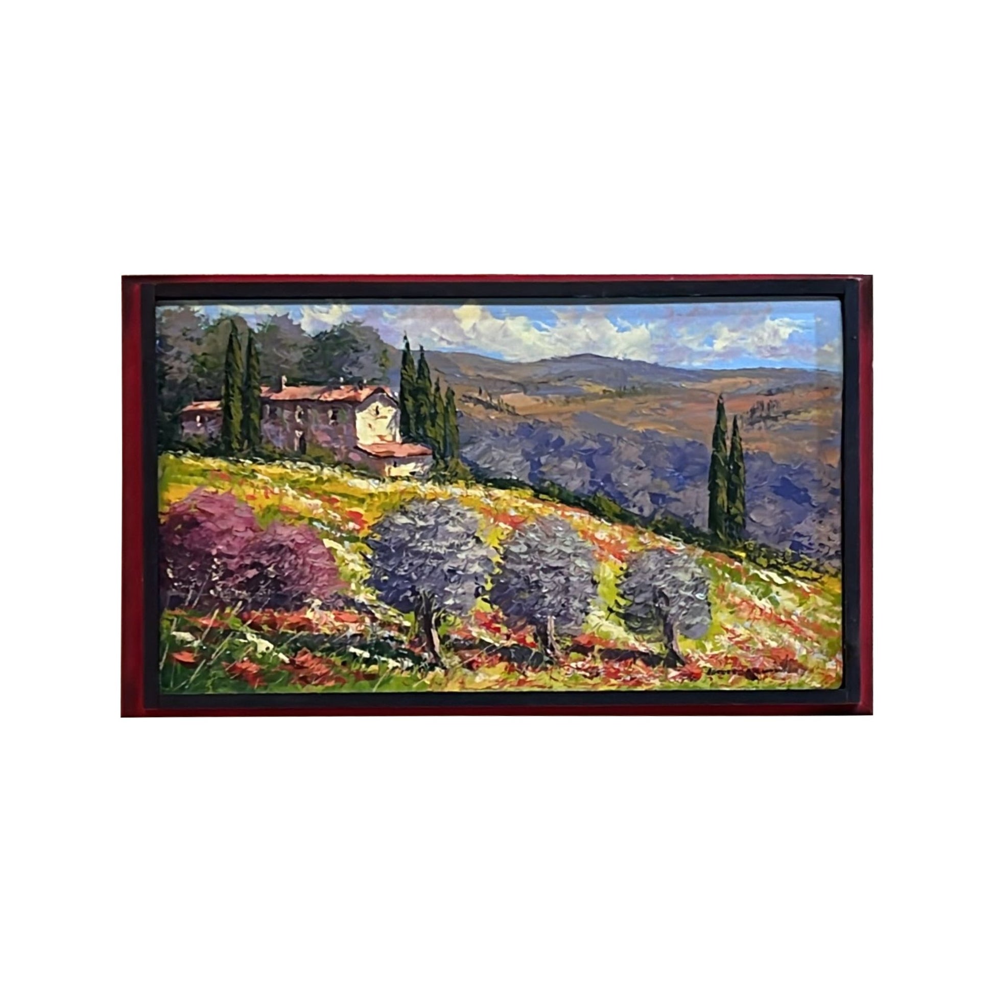 Hand-painted on canvas depicting a Tuscan landscape with flowers
