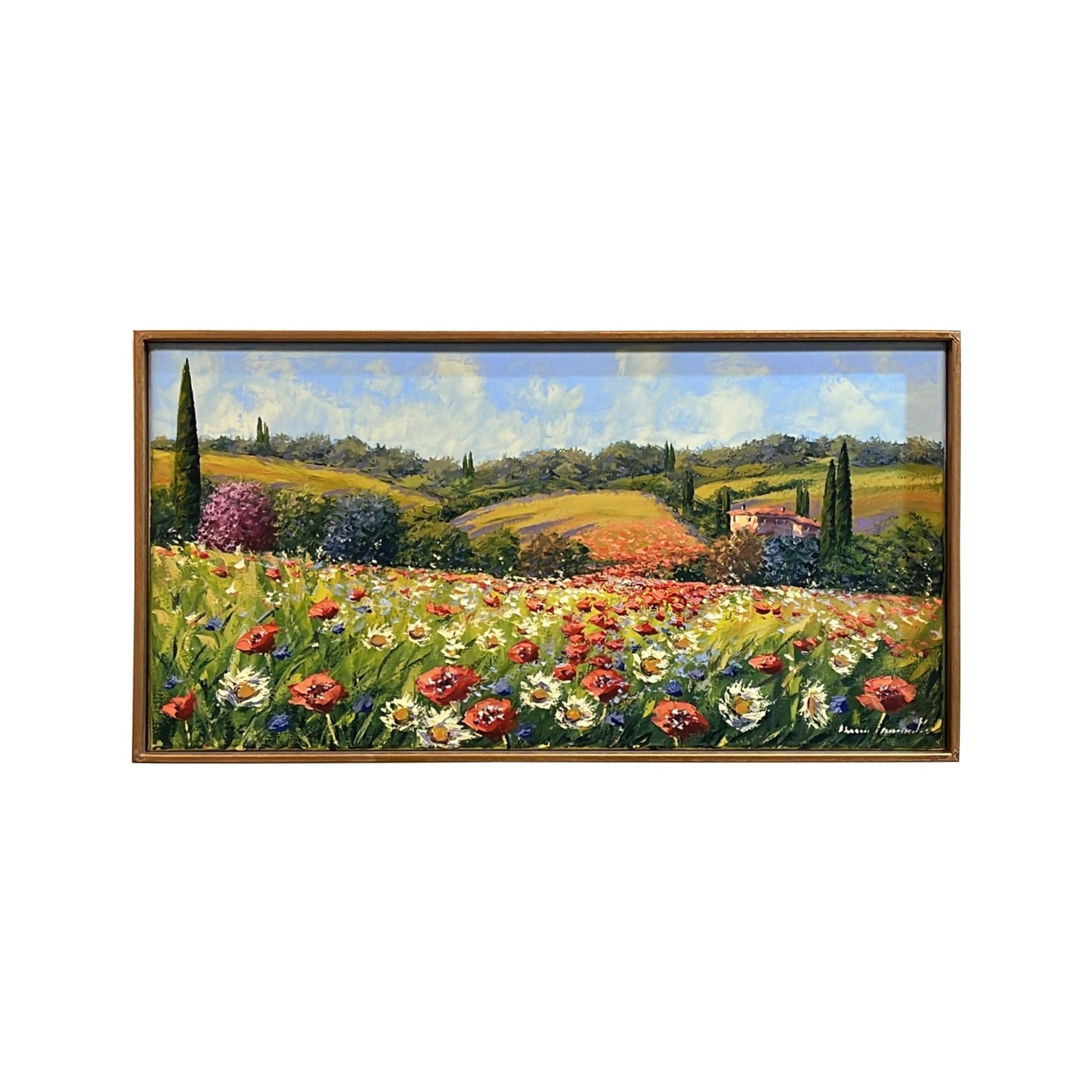 Hand-painted on canvas depicting a Tuscan landscape with flowers