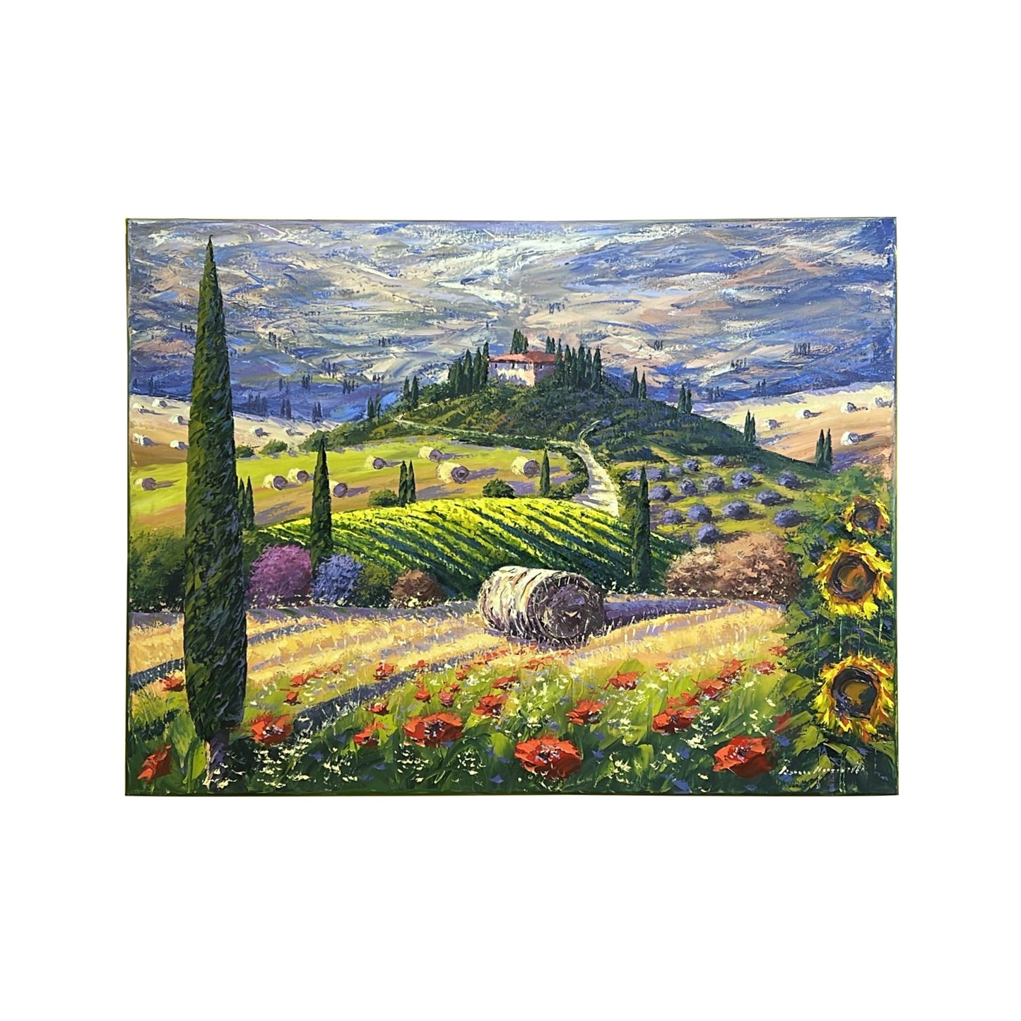 Hand-painted on canvas depicting a Tuscan landscape with flowers