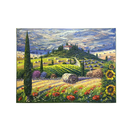 Hand-painted on canvas depicting a Tuscan landscape with flowers