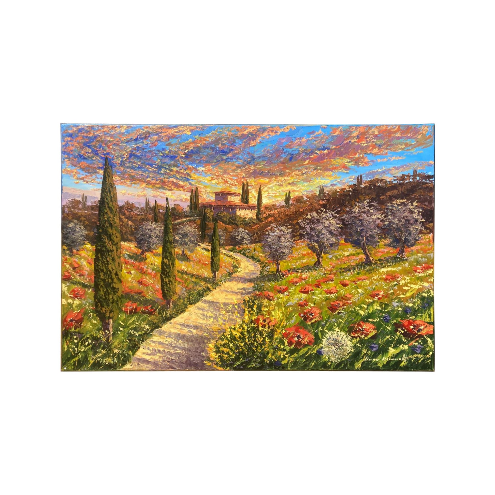 Hand-painted on canvas depicting a Tuscan landscape with Flowers