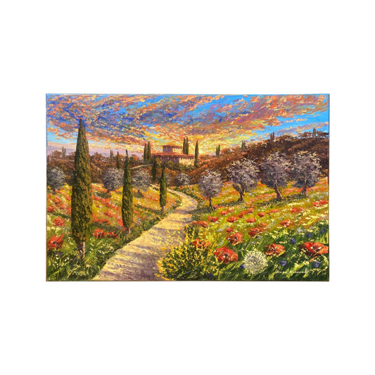 Hand-painted on canvas depicting a Tuscan landscape with Flowers