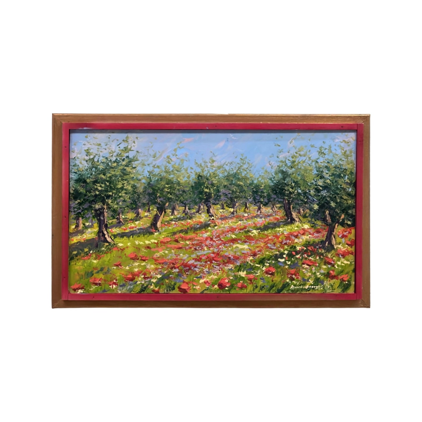 Hand-painted on canvas depicting a Tuscan landscape with olive trees