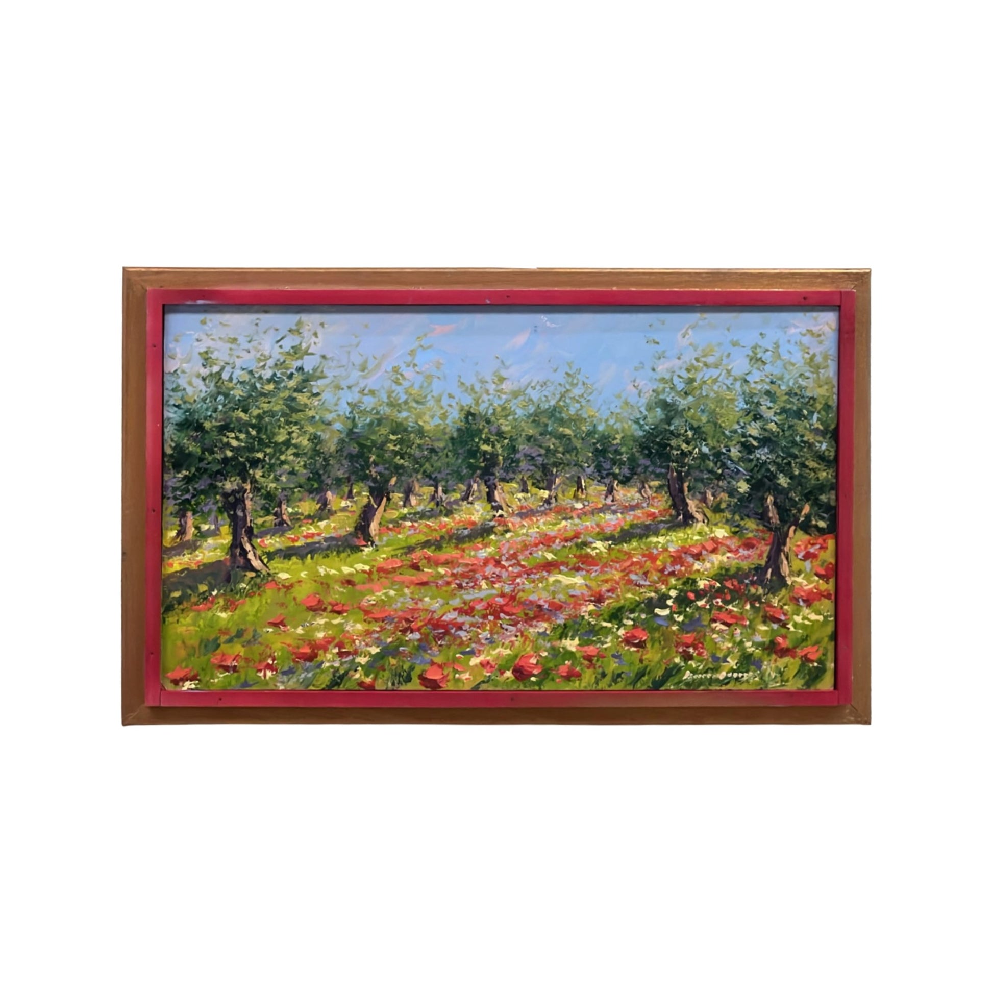 Hand-painted on canvas depicting a Tuscan landscape with olive trees