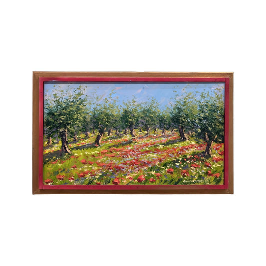 Hand-painted on canvas depicting a Tuscan landscape with olive trees