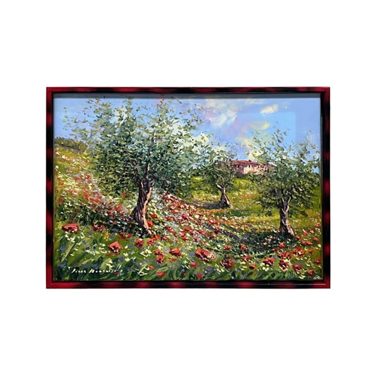 Hand-painted on canvas depicting a Tuscan landscape with olive trees