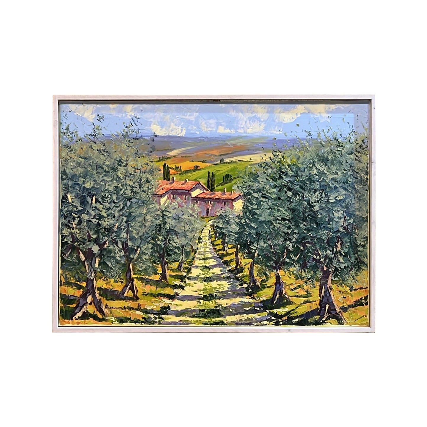 Hand-painted on canvas depicting a Tuscan landscape with olive trees