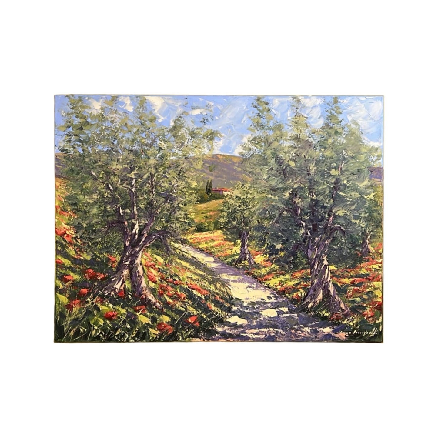 Hand-painted on canvas depicting a Tuscan landscape with Olive Trees