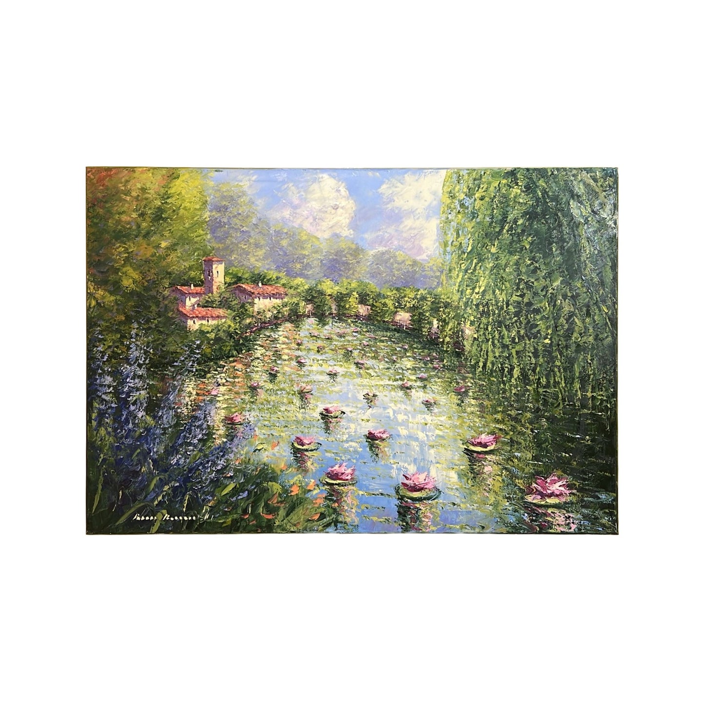 Hand-painted on canvas depicting a Tuscan landscape with river