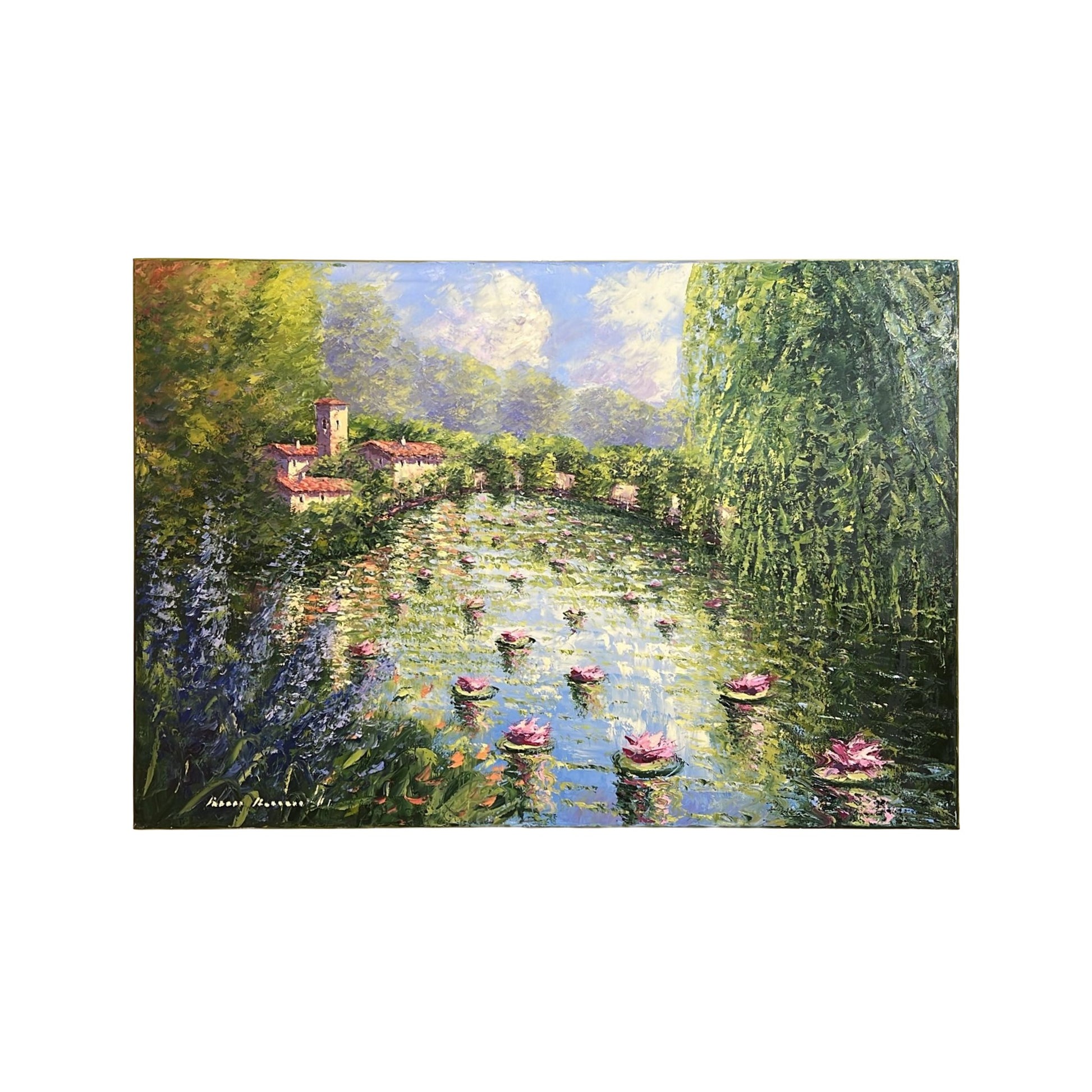 Hand-painted on canvas depicting a Tuscan landscape with river