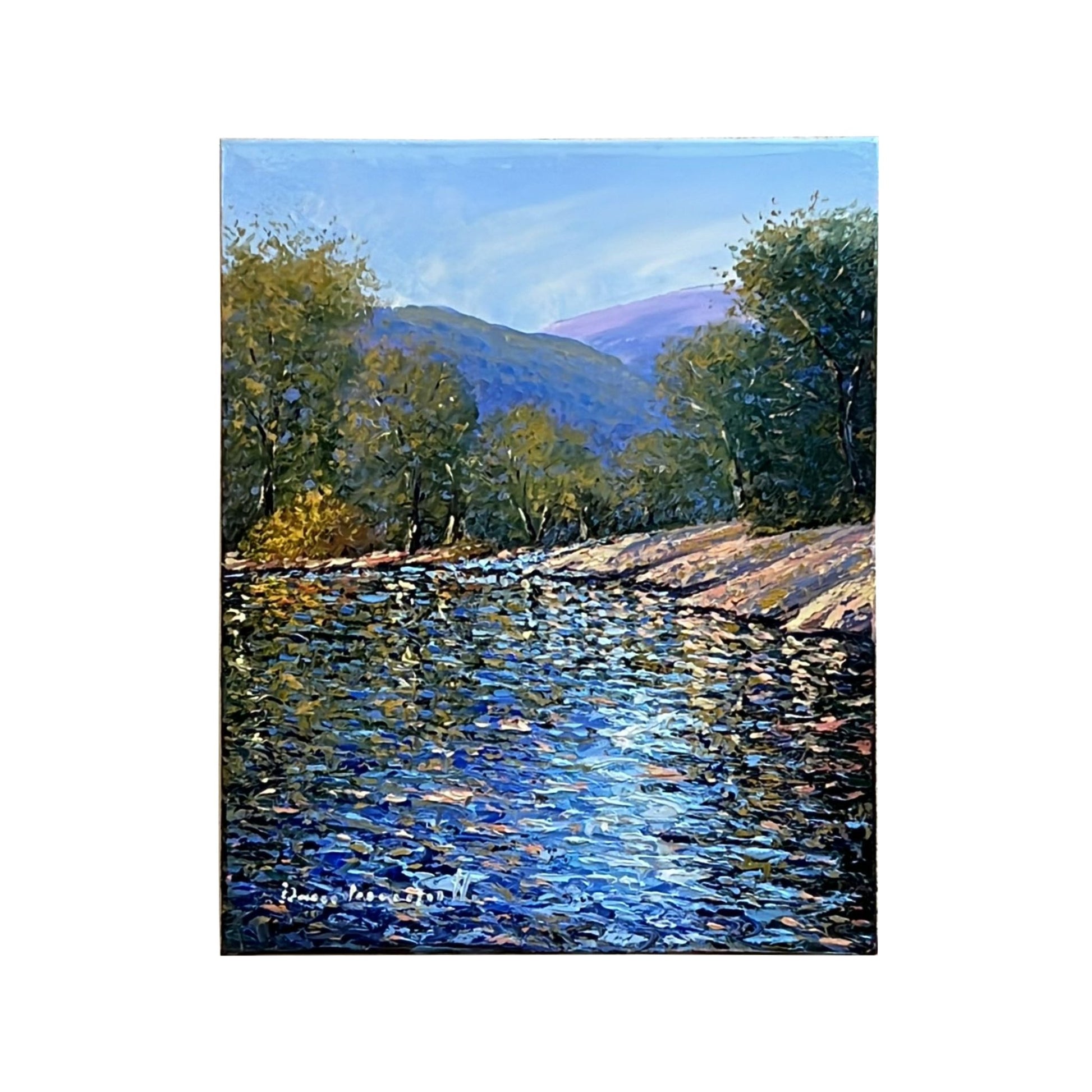 Hand-painted on canvas depicting a Tuscan landscape with River