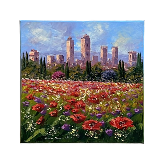 Hand-painted on canvas depicting a Tuscan landscape with San Gimignano