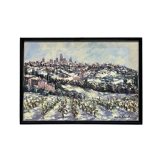 Hand-painted on canvas depicting a Tuscan landscape with winter in San Gimignano