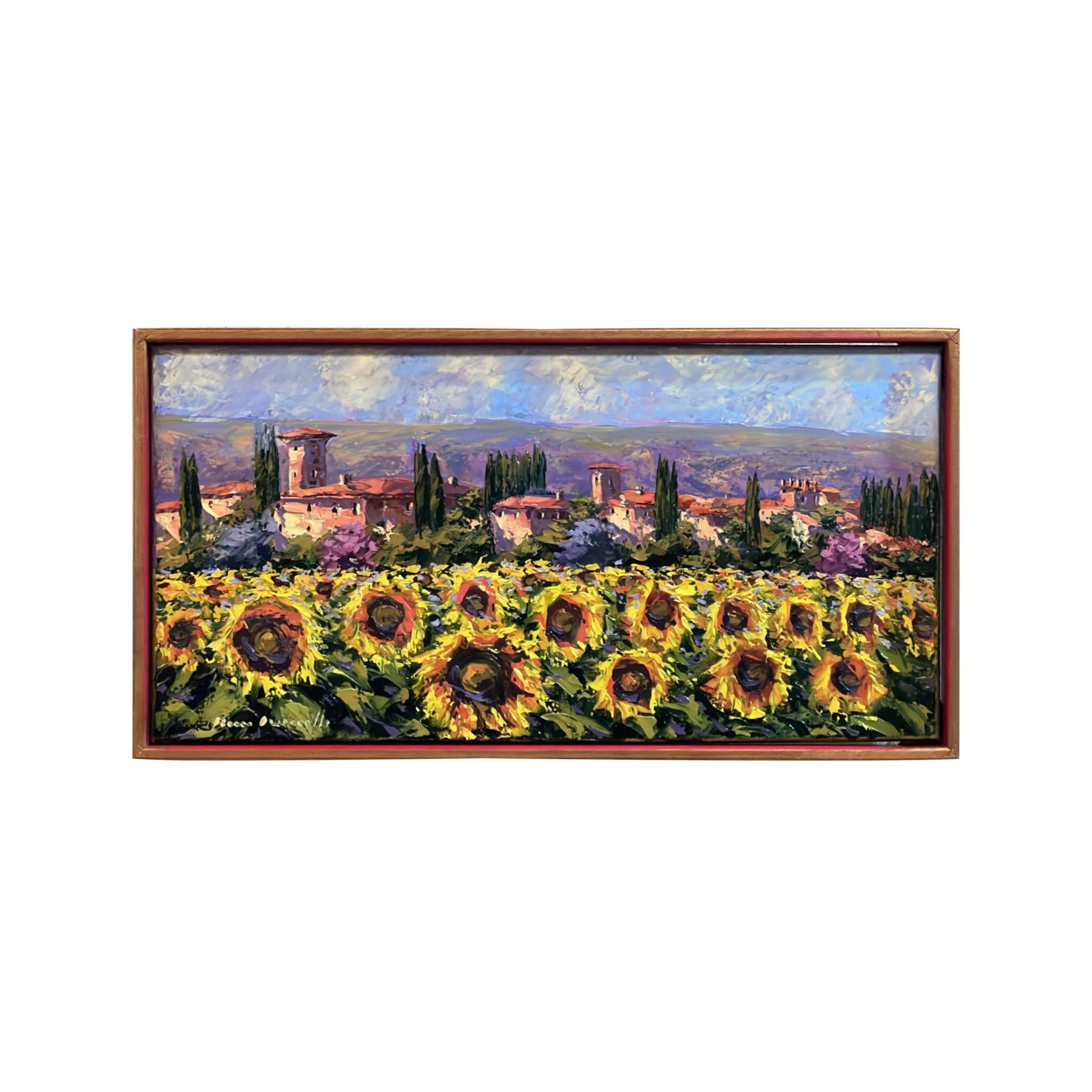 Hand-painted on canvas depicting a Tuscan landscape with Sunflowers