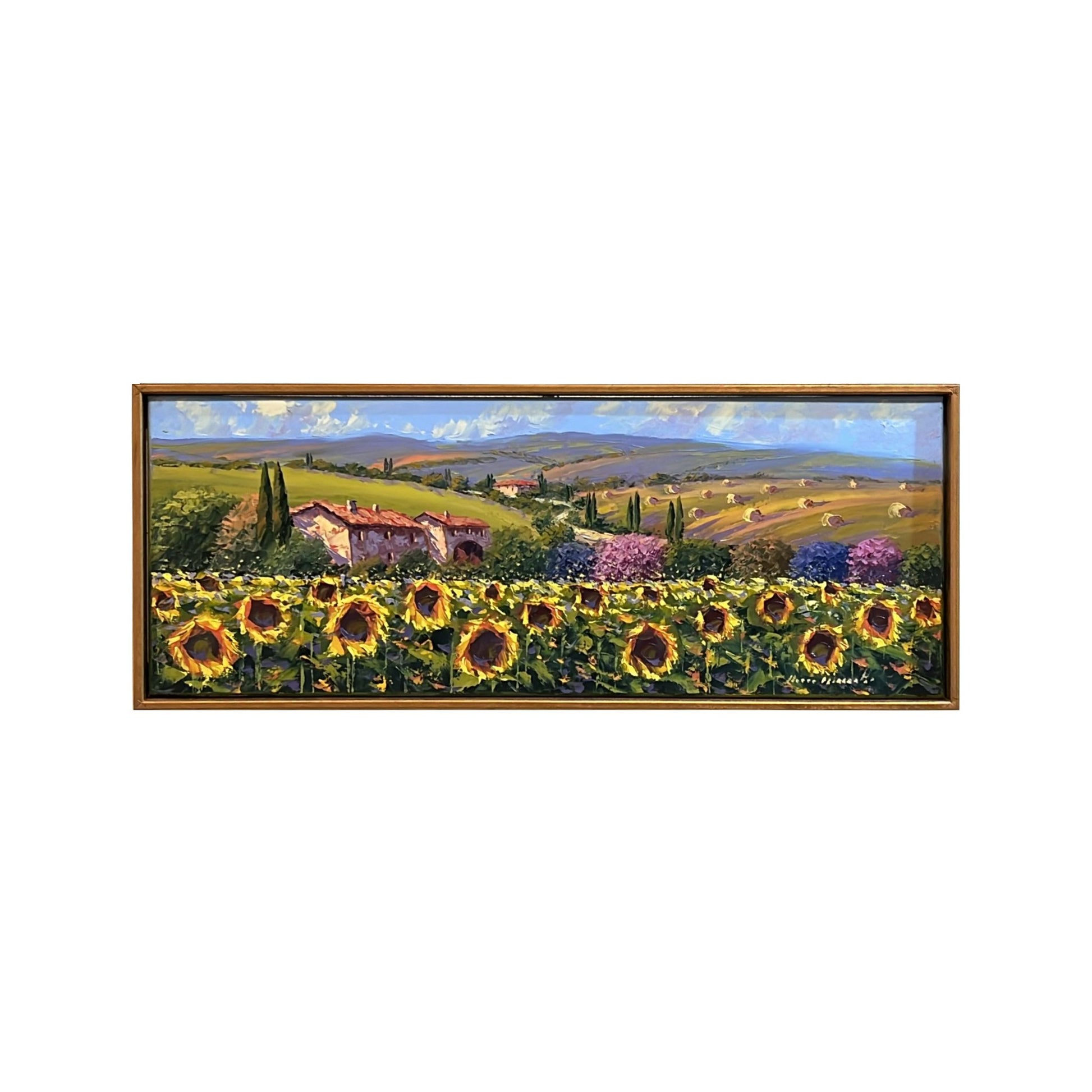 Hand-painted on canvas depicting a Tuscan landscape with Sunflowers